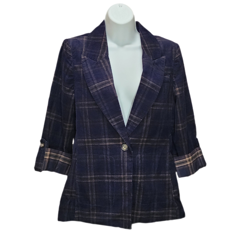 Plaid Corduroy Blazer Jacket 3/4 Roll Tab Sleeve Notched Lapel Single Button S